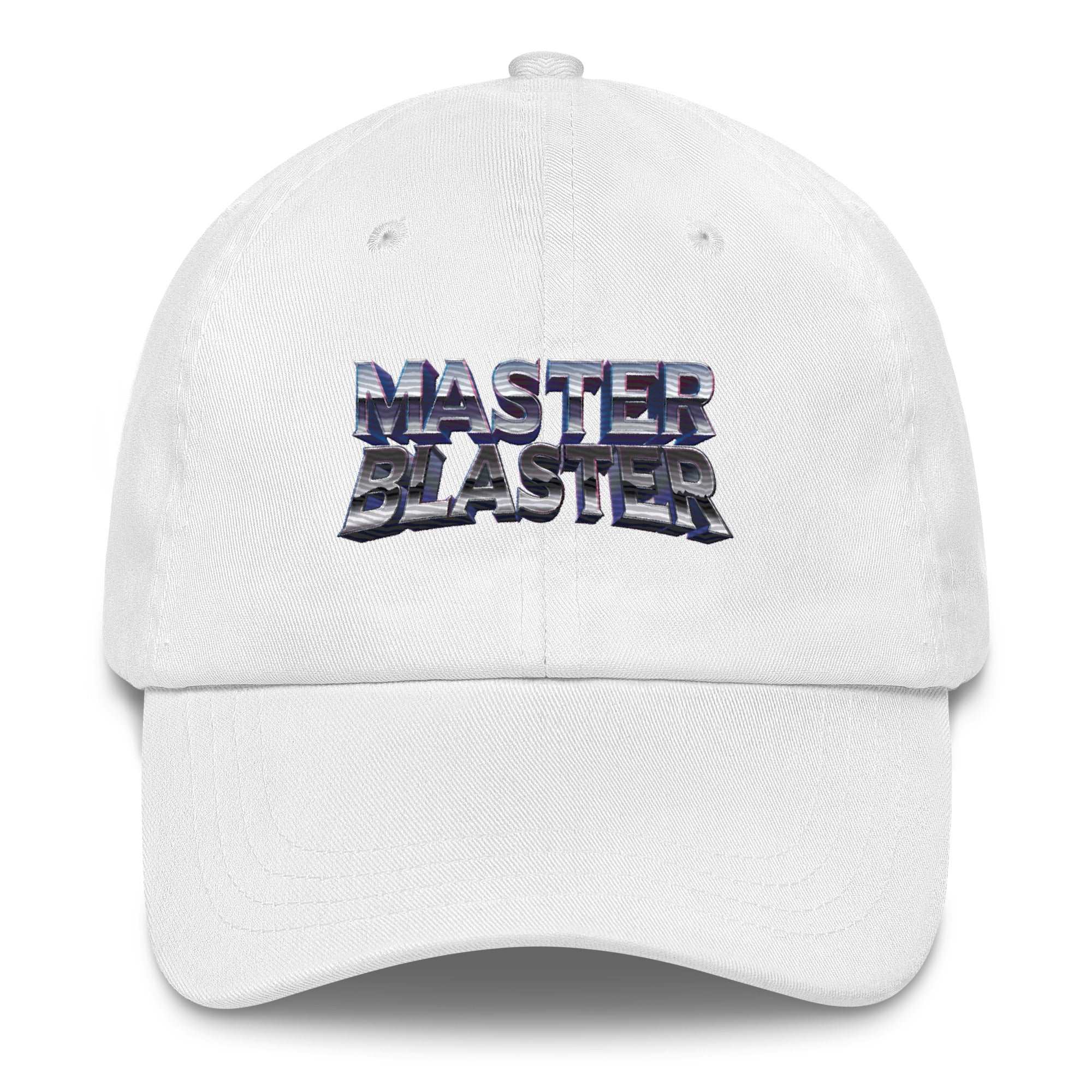 a black hat with the word master blaster printed on it