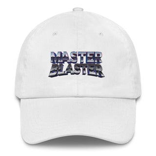 a white hat with the words master blaster printed on it