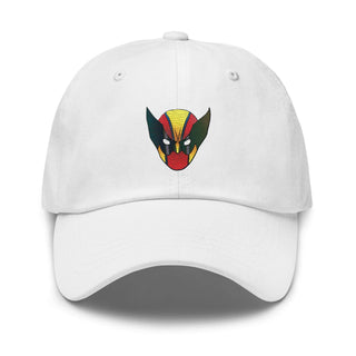 a white hat with a red, yellow, and green mask on it
