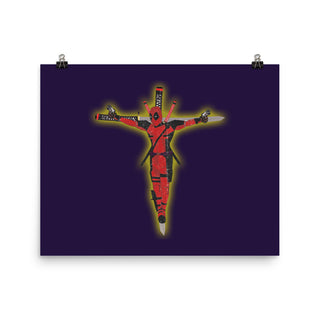 a poster of a crucifix on a purple background