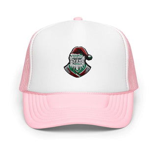 a pink and white trucker hat with a santa clause on it