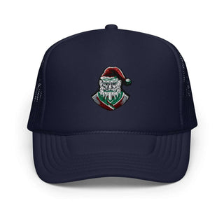 a trucker hat with a santa clause on it