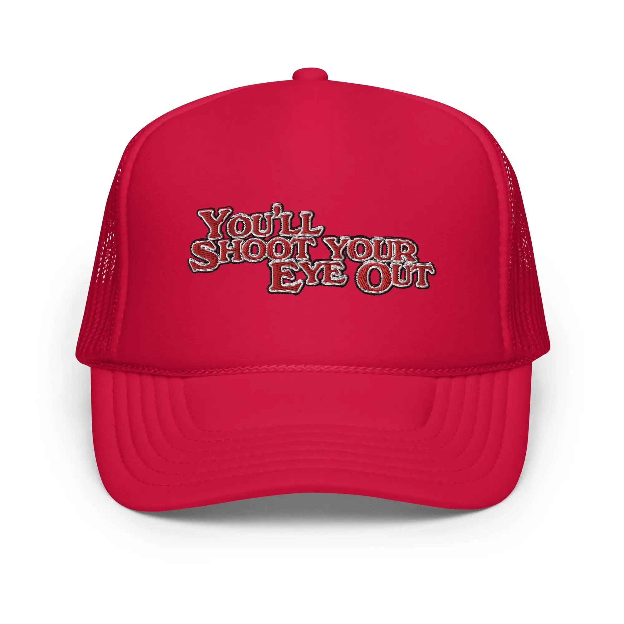 a red trucker hat that says you shoot your eye out