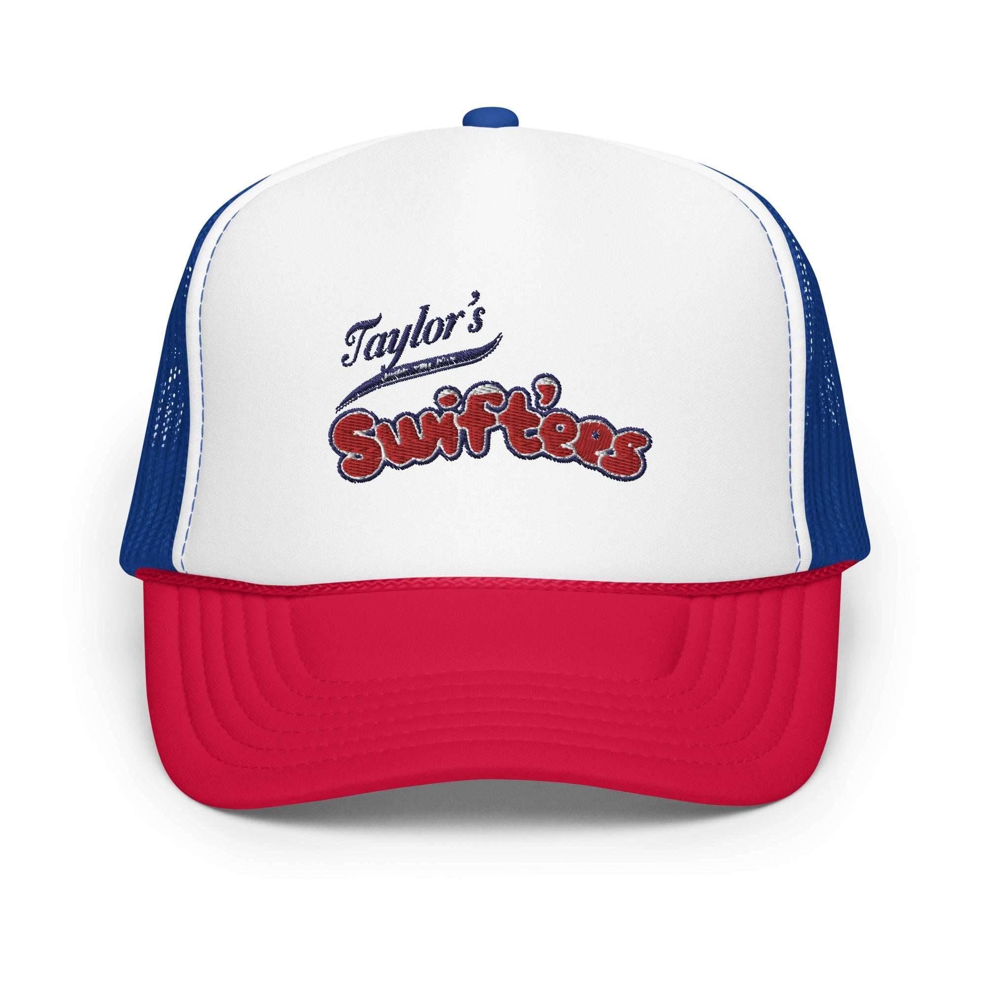 a red, white and blue trucker hat with the word taylor's surf