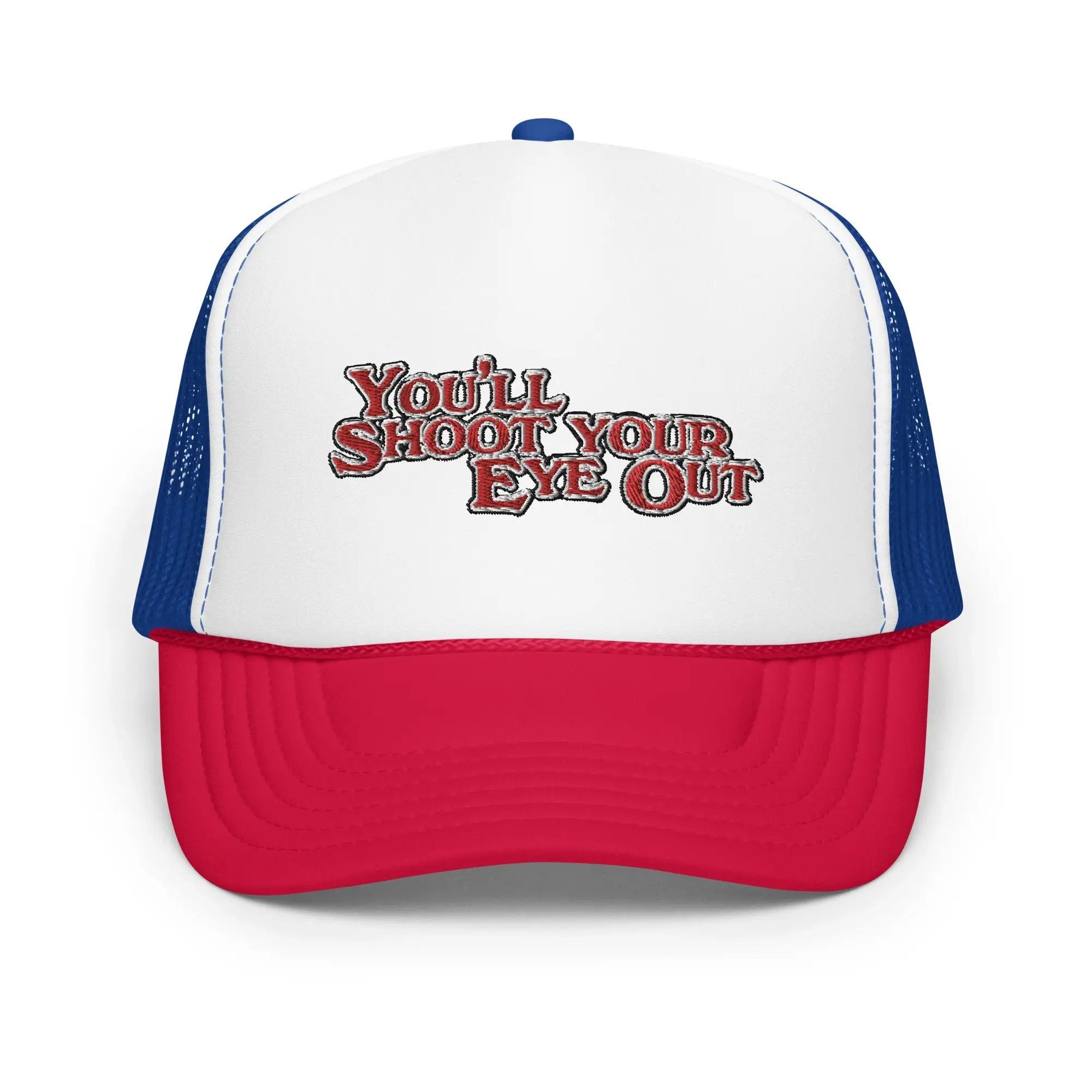 a red trucker hat that says you shoot your eye out