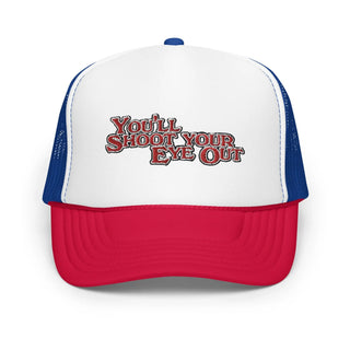 a red, white and blue hat with the words you'll shoot your eye