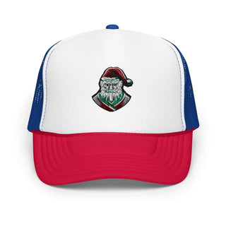 a white and red hat with a santa clause on it