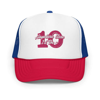 a red and white trucker hat with the number one on it