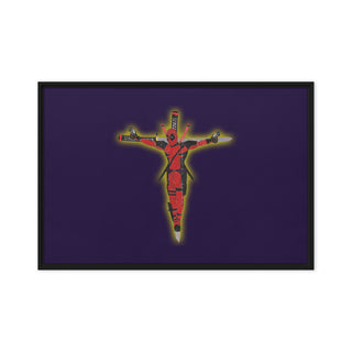 a painting of a crucifix on a purple background