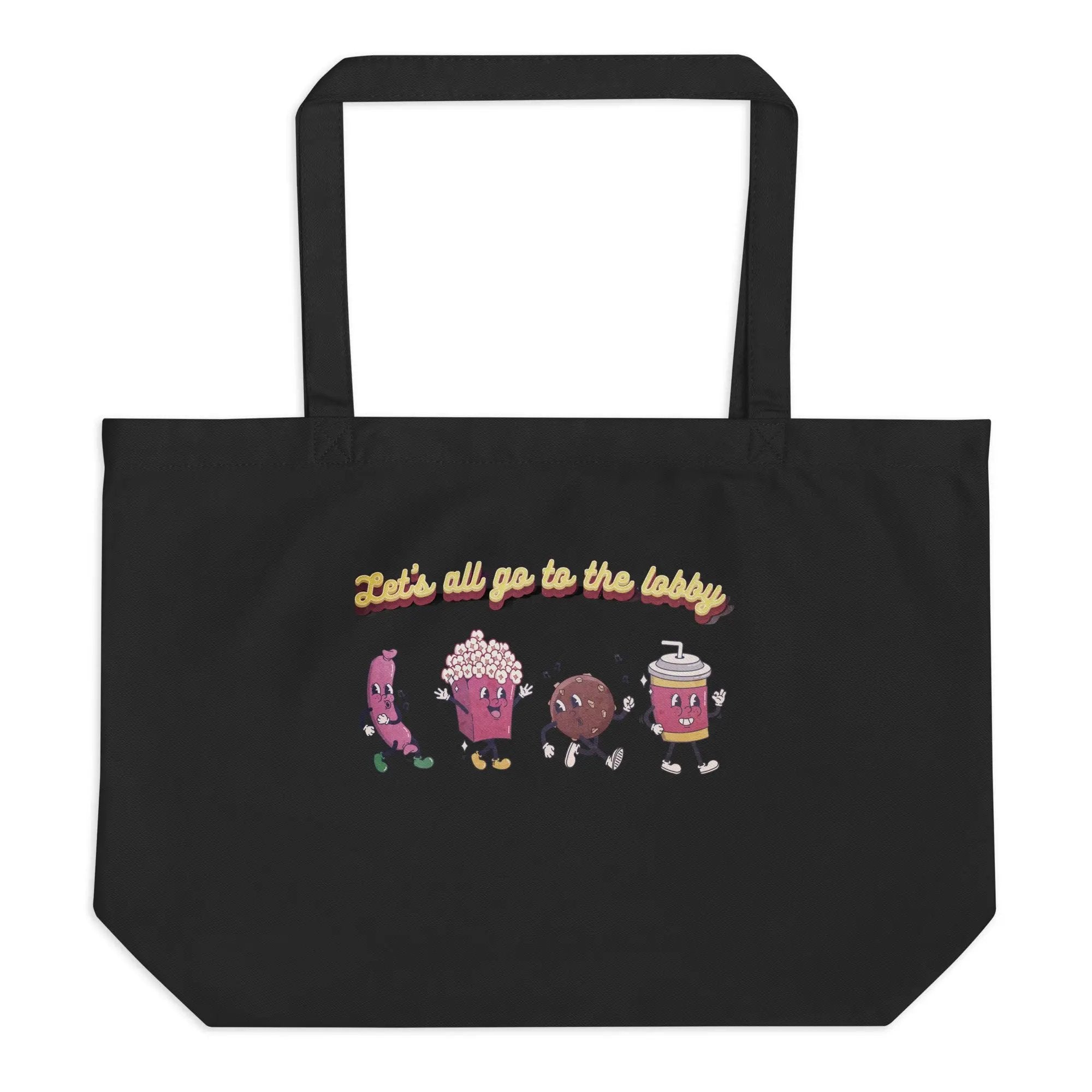 a black tote bag with three cartoon characters on it