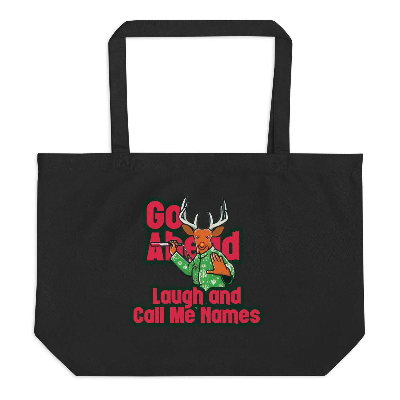 a black tote bag with an image of a deer