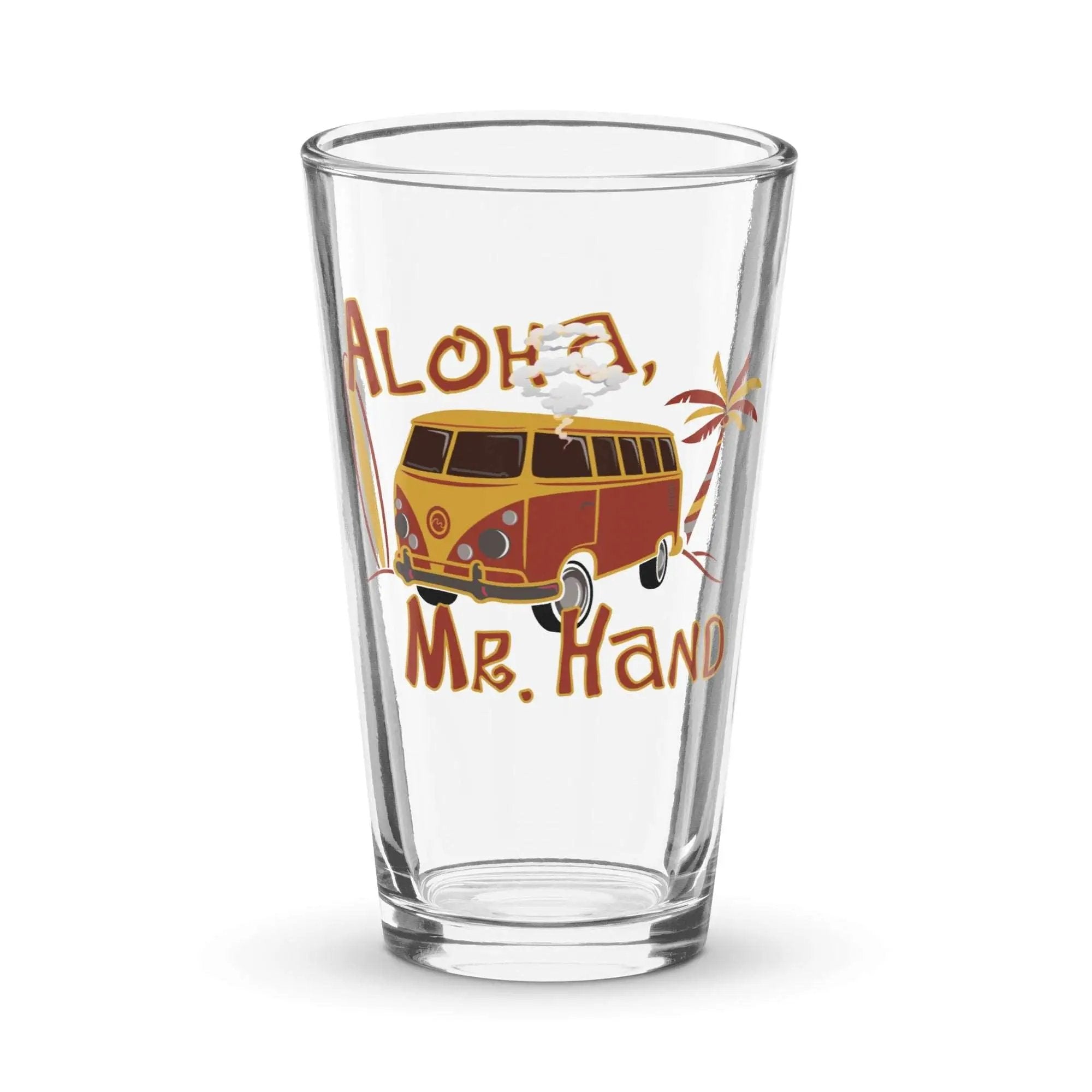 a shot glass with the words aloha, mr hand on it
