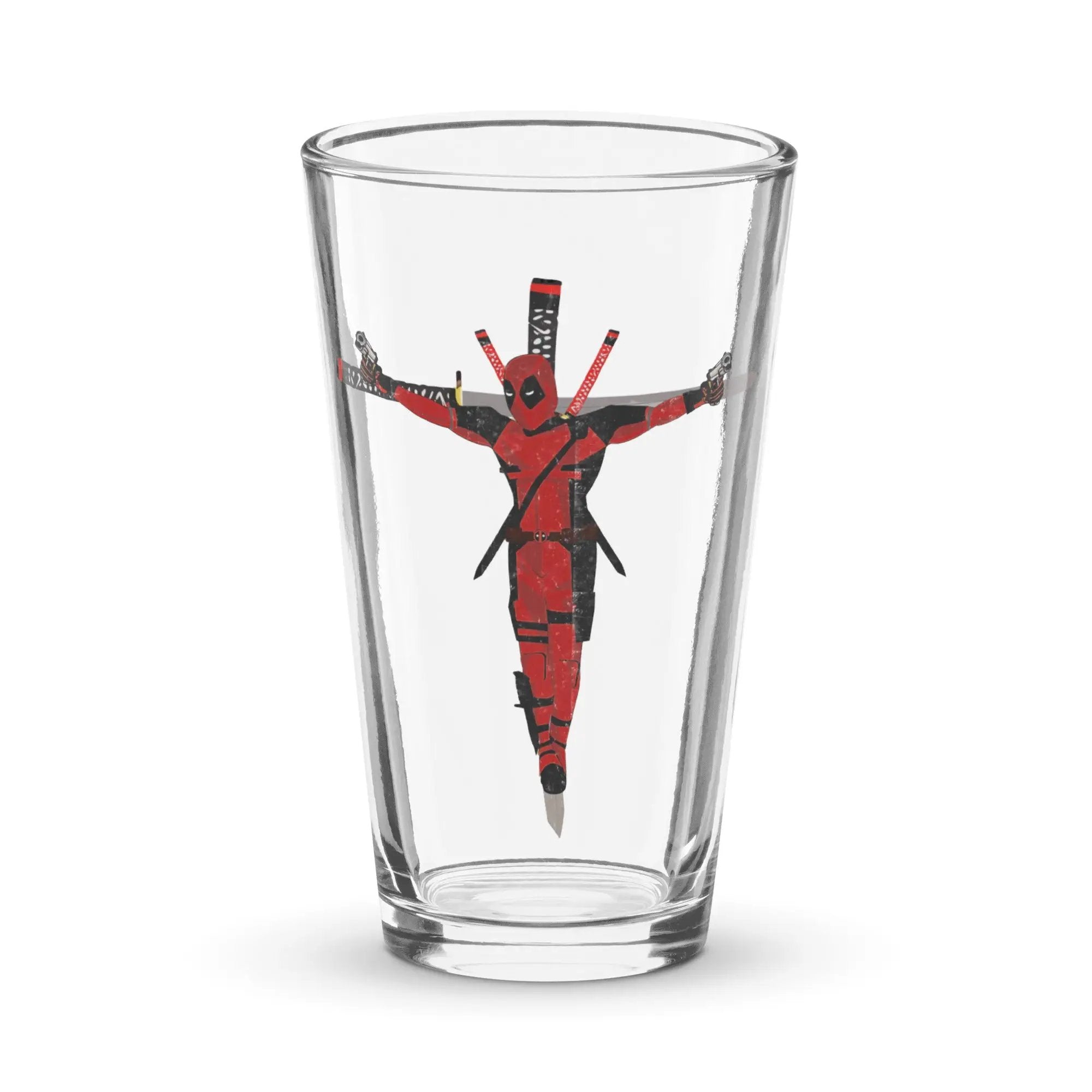a glass with a picture of a deadpool on it