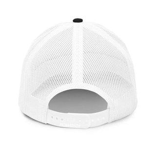 a white hat with a black patch on the front