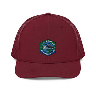 a maroon trucker hat with a patch on the front of it