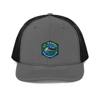 a gray and black trucker hat with a patch on the front
