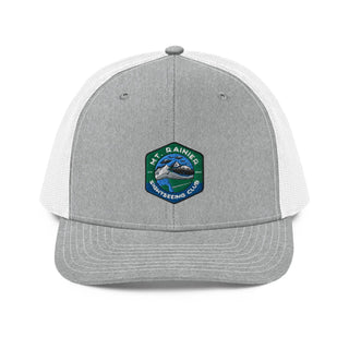 a gray and white trucker hat with a green and white patch on the front
