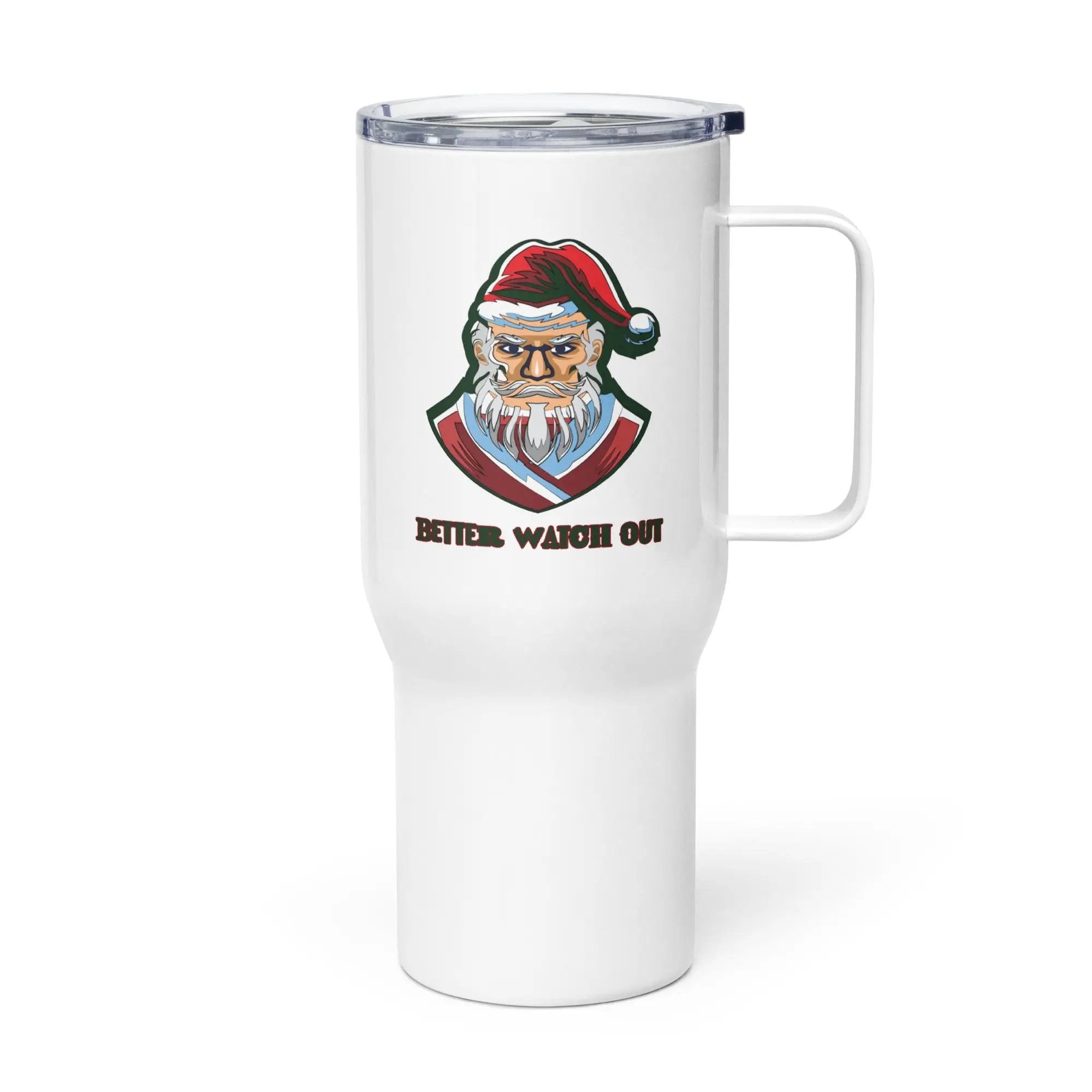 a white travel mug with a santa clause on it