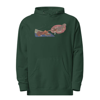 a green hoodie with a picture of a fish on it