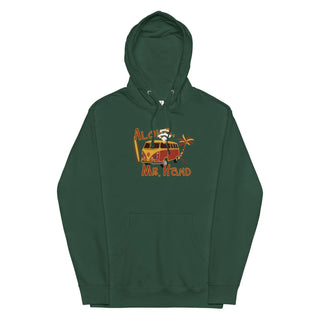 a green hoodie with an image of a car and a skull on it