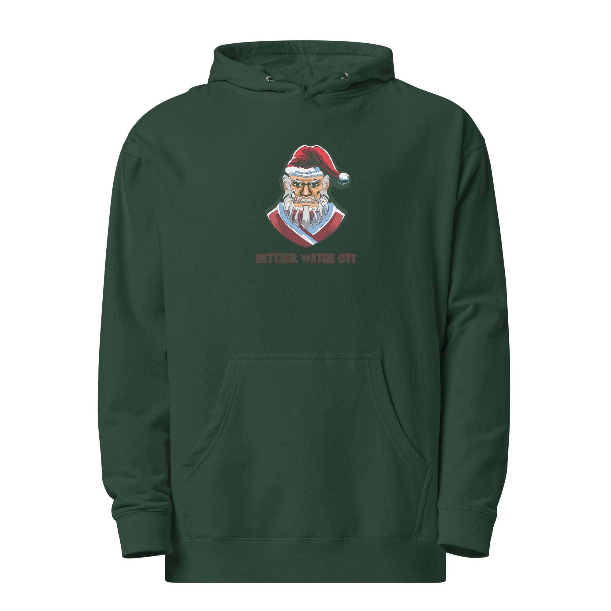 a green hoodie with a santa clause on it