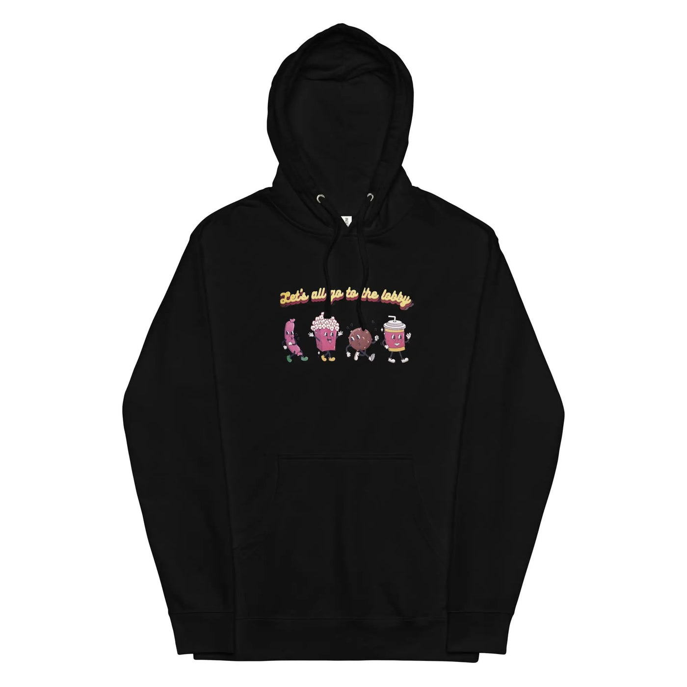 a black hoodie with three cartoon characters on it