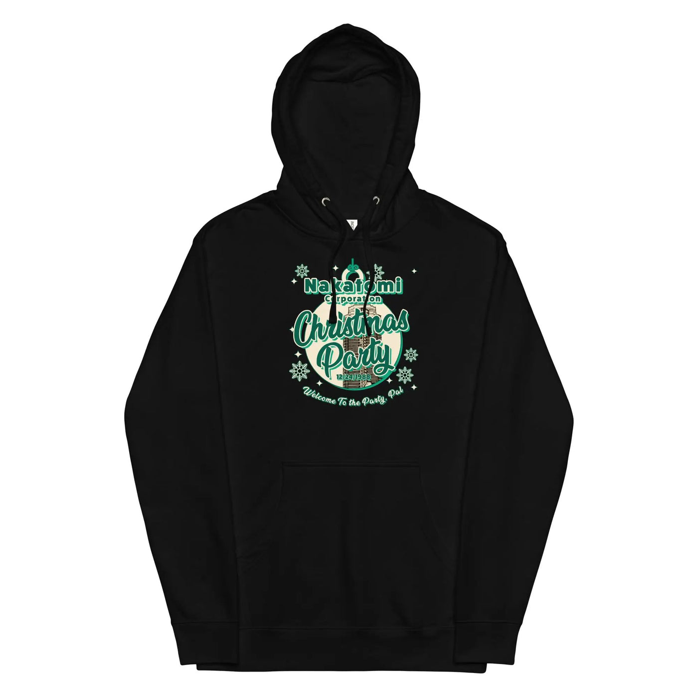 a black hoodie with a green and white design on it