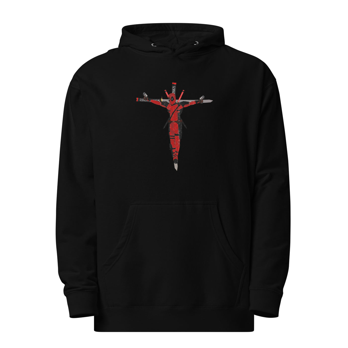 a black hoodie with a red cross on it