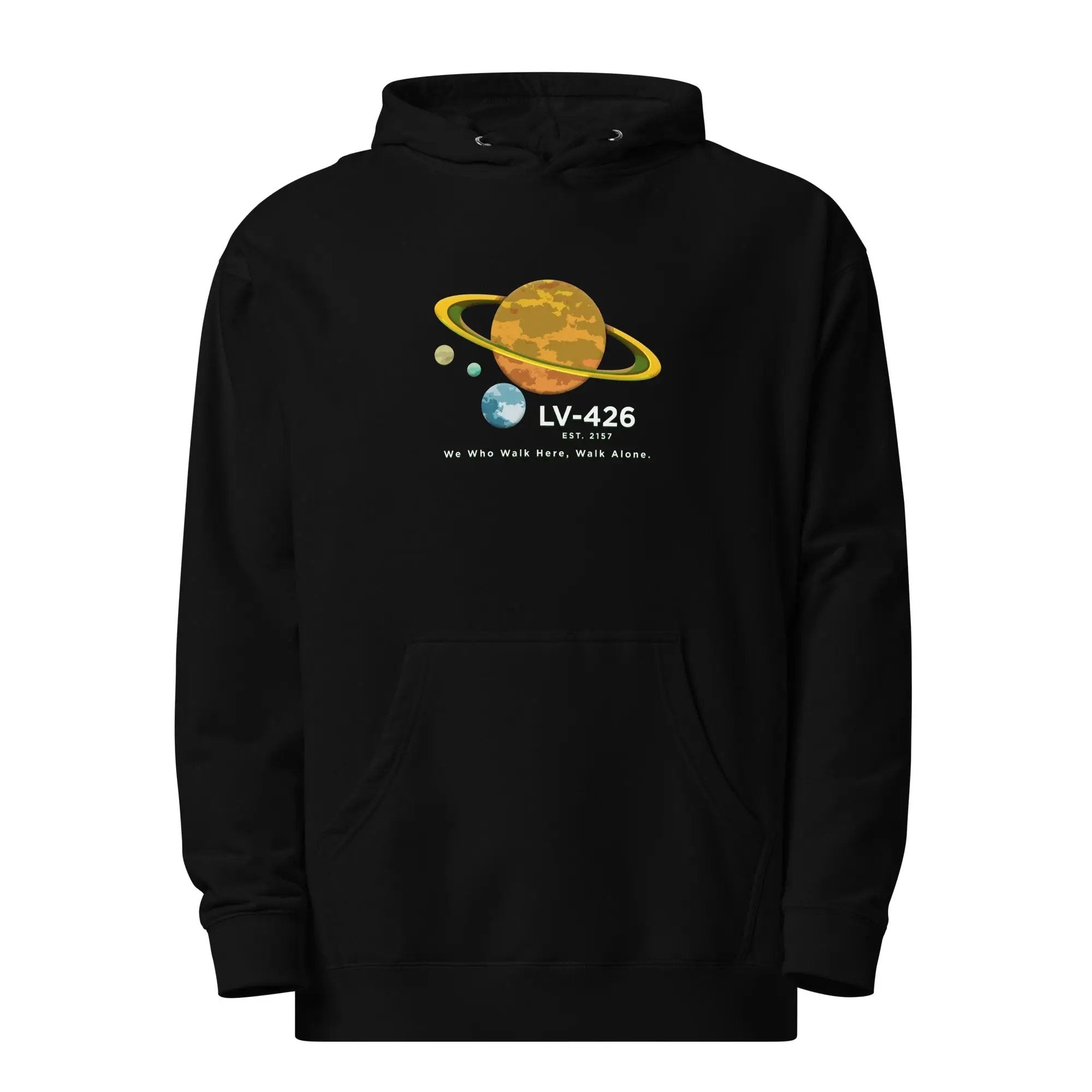 a black hoodie with an image of the solar system