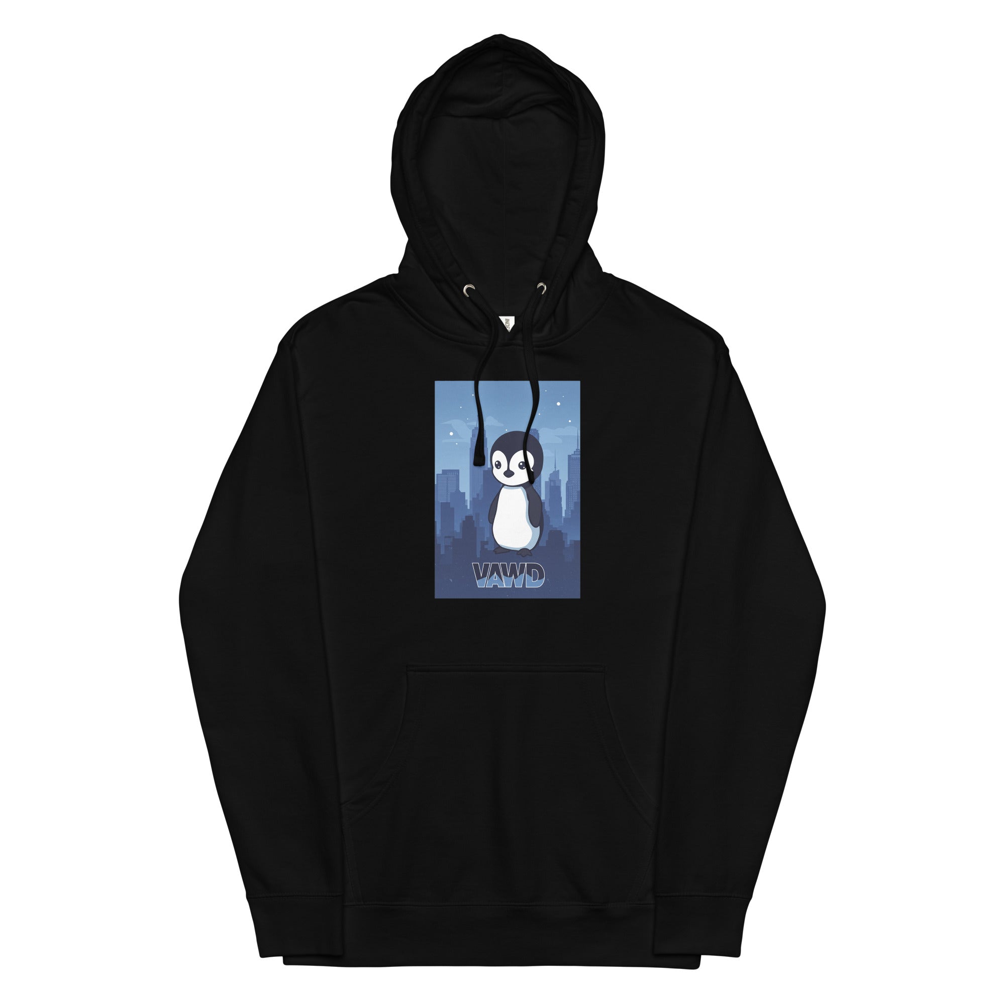 VAWDesigns Cute Penguin Hoodie – Fun Cartoon Animal Graphic Hoodie for Men & Women, City Skyline Art Hoodie, Casual Streetwear