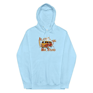 a blue hoodie with an image of a van on it