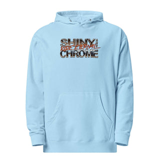 a light blue hoodie with the words shiny chrome on it