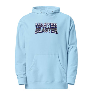 a blue hoodie with the words master blaster printed on it
