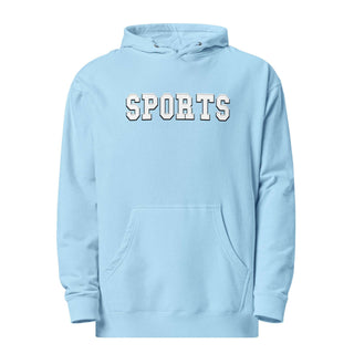 a light blue hoodie with the words sports on it
