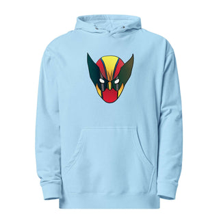 a blue hoodie with an image of a demon head on it