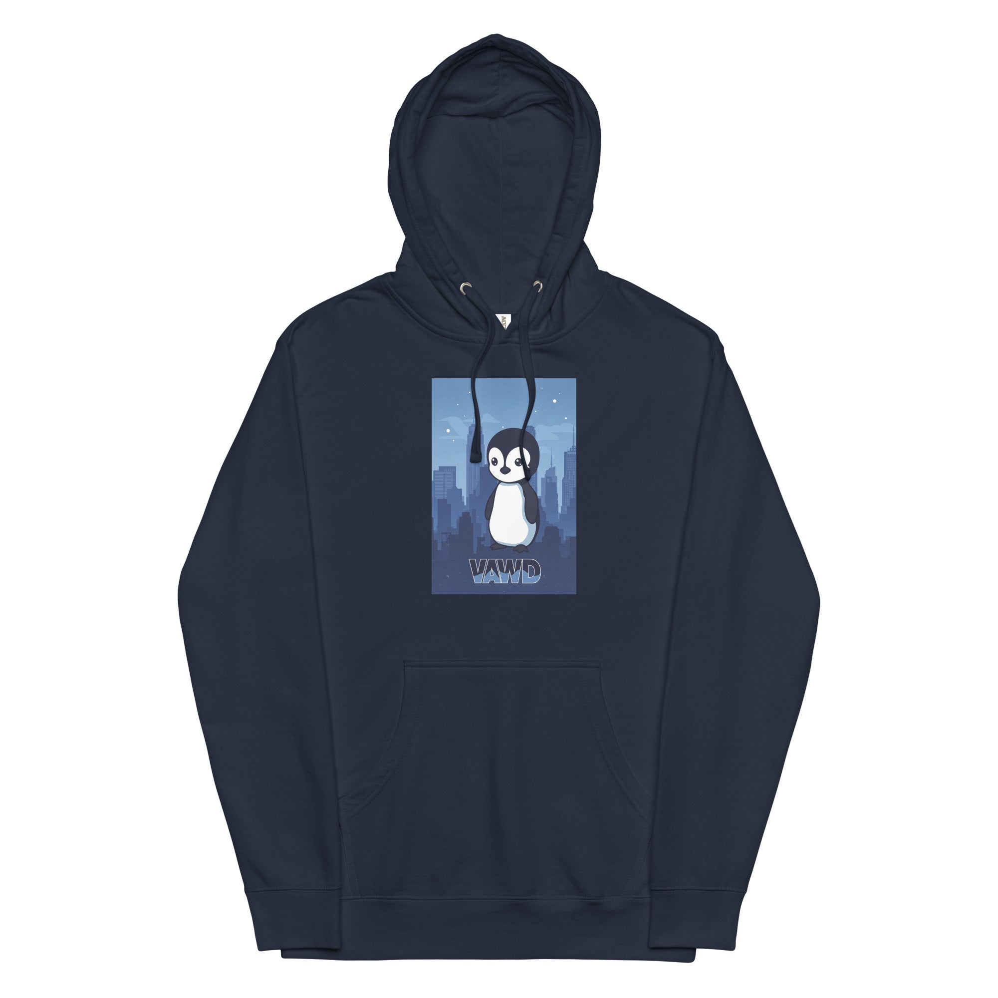 VAWDesigns Cute Penguin Hoodie – Fun Cartoon Animal Graphic Hoodie for Men & Women, City Skyline Art Hoodie, Casual Streetwear