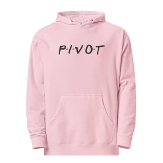 a pink hoodie with the word pivot printed on it