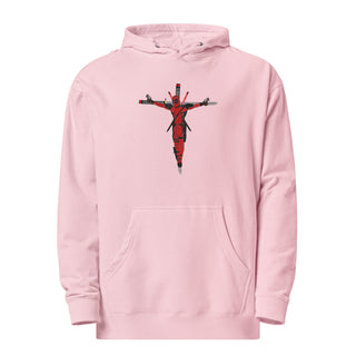 a pink hoodie with a cross on it