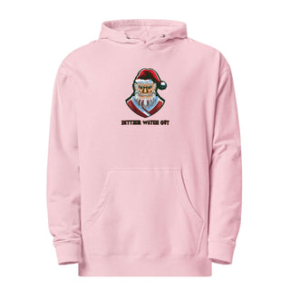 a pink hoodie with a santa clause on it