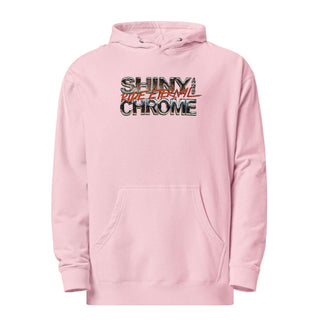 a pink hoodie with the words shiny and chrome on it