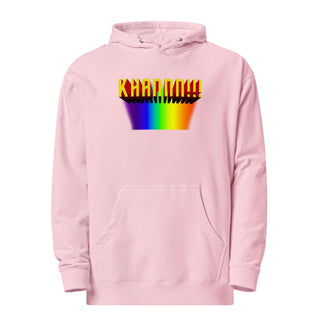 a pink hoodie with a rainbow design on it