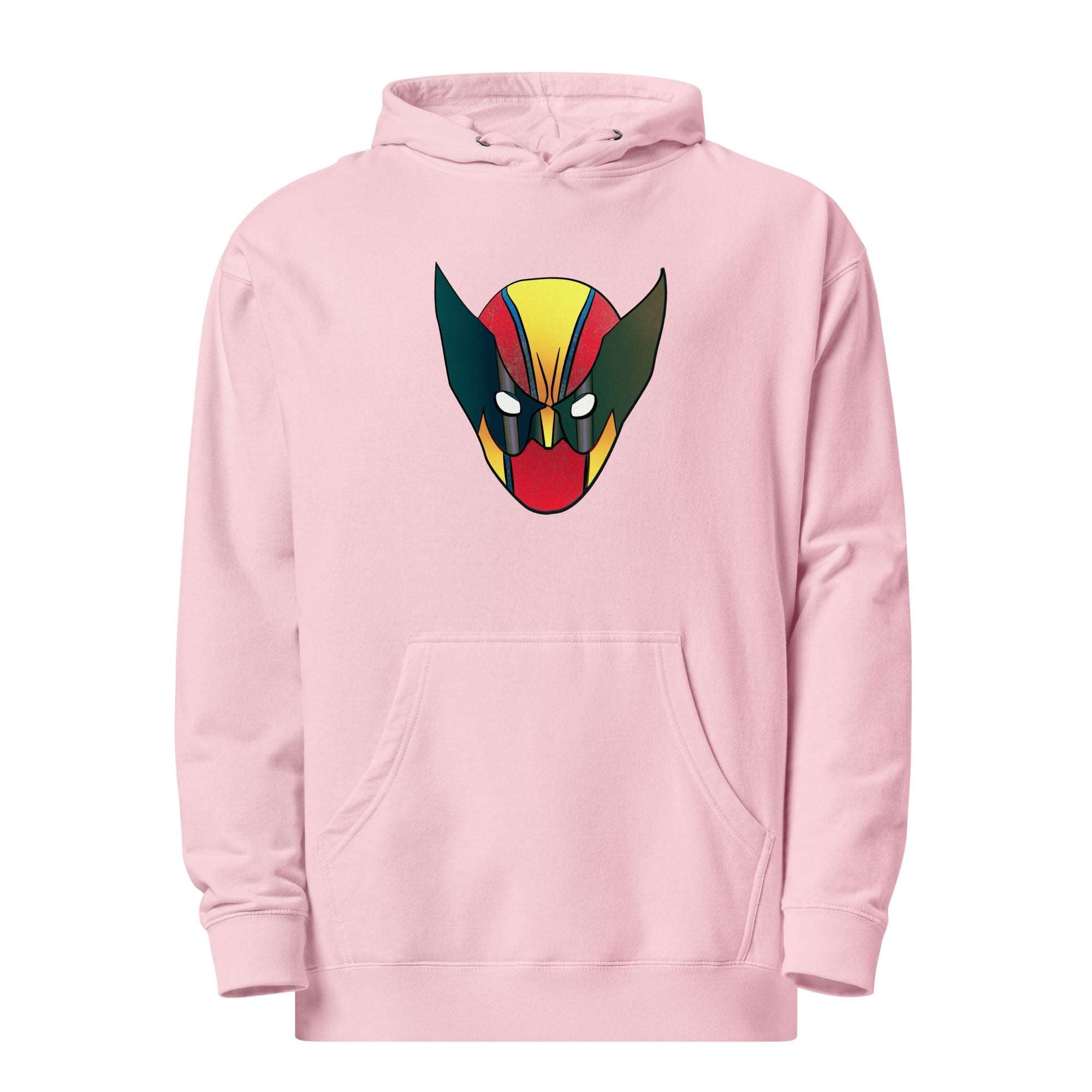 a white hoodie with a red, yellow, and green mask on it