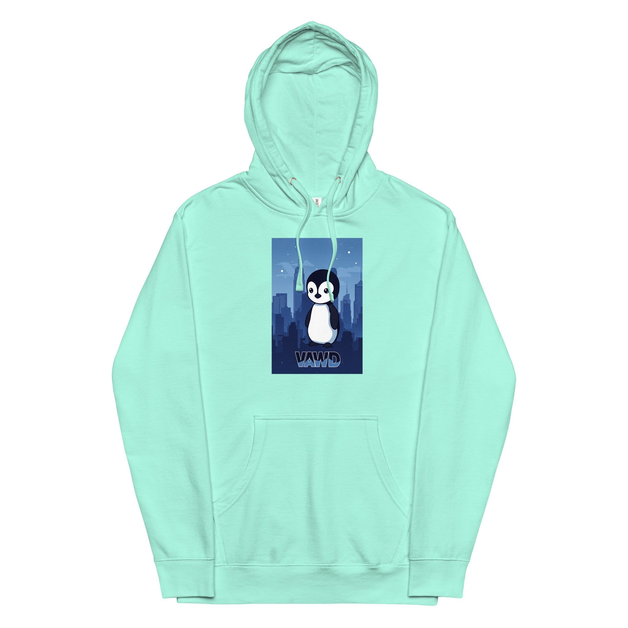VAWDesigns Cute Penguin Hoodie – Fun Cartoon Animal Graphic Hoodie for Men & Women, City Skyline Art Hoodie, Casual Streetwear