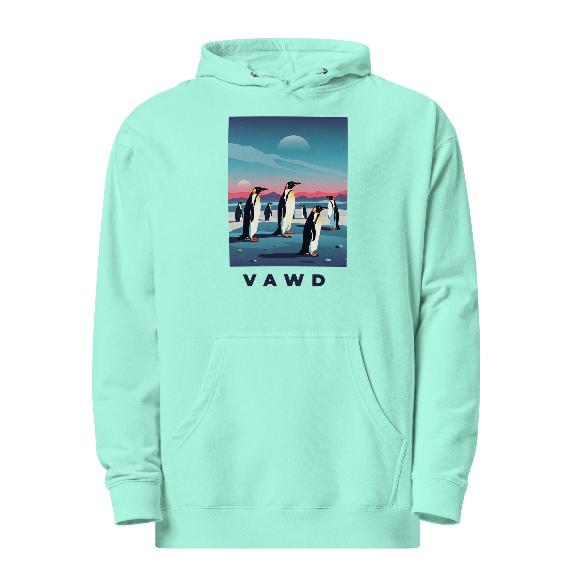 VAWD Penguin Moonrise Graphic Hoodie – Retro Rock Album Art Inspired Hoodie