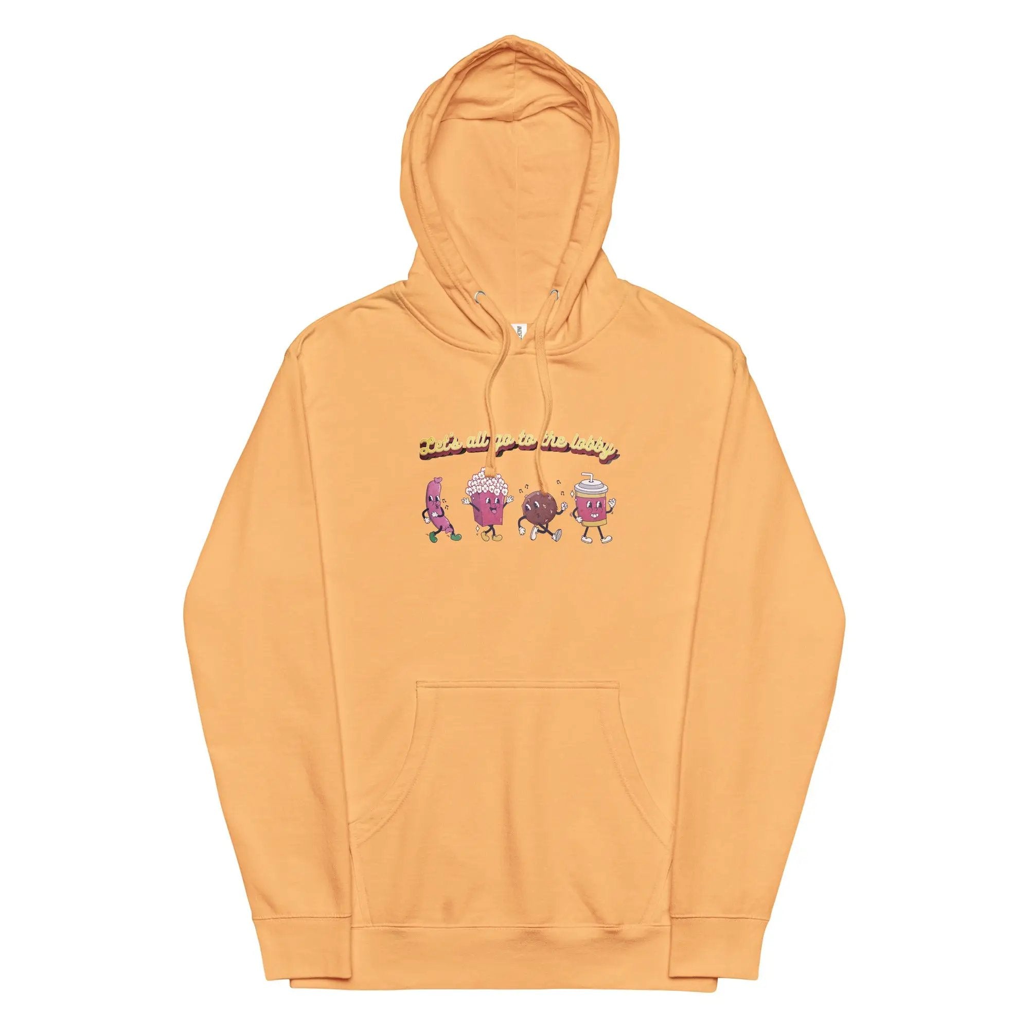 an orange hoodie with a cartoon character on it