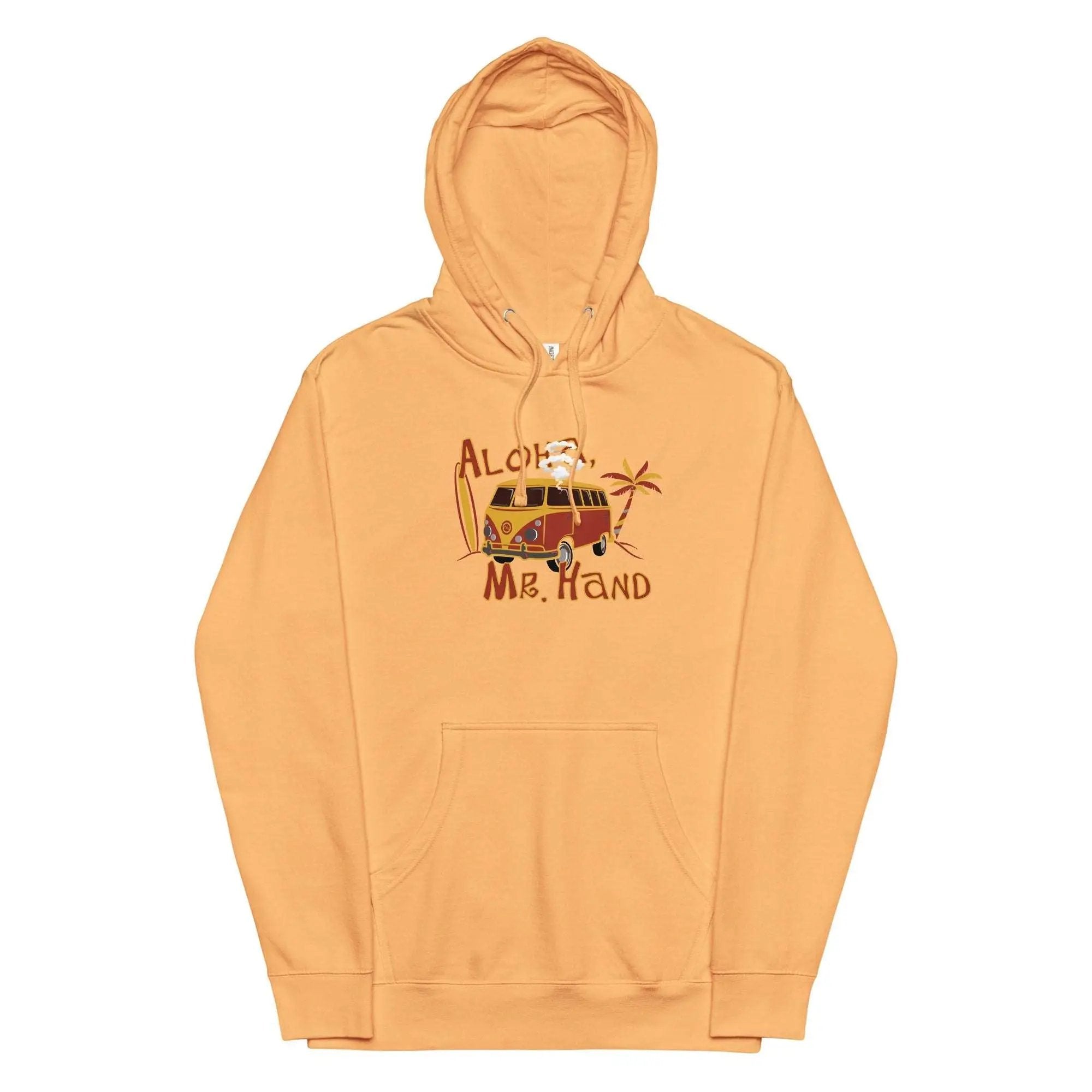 an orange hoodie with an image of a van on it