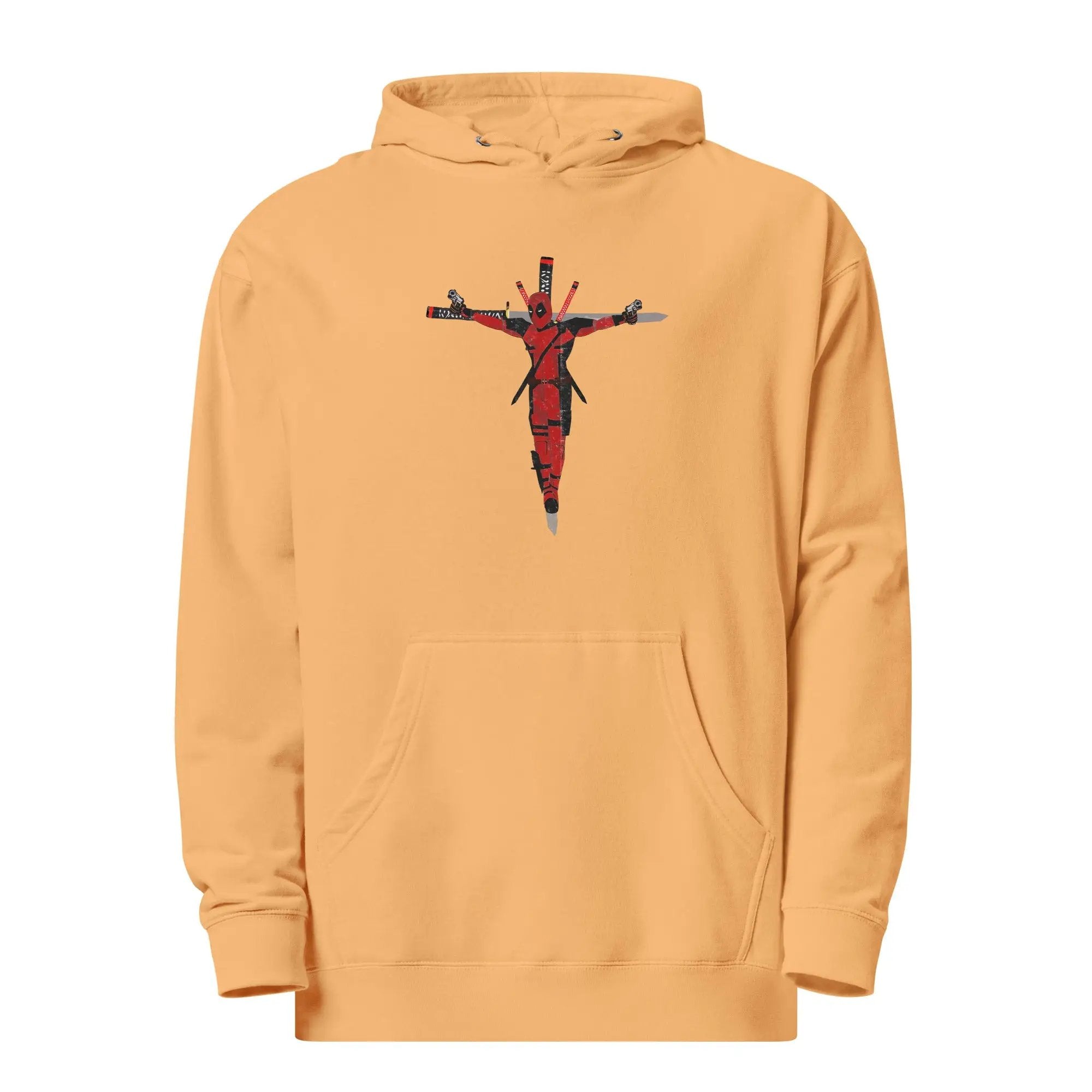 a yellow hoodie with a cross on it