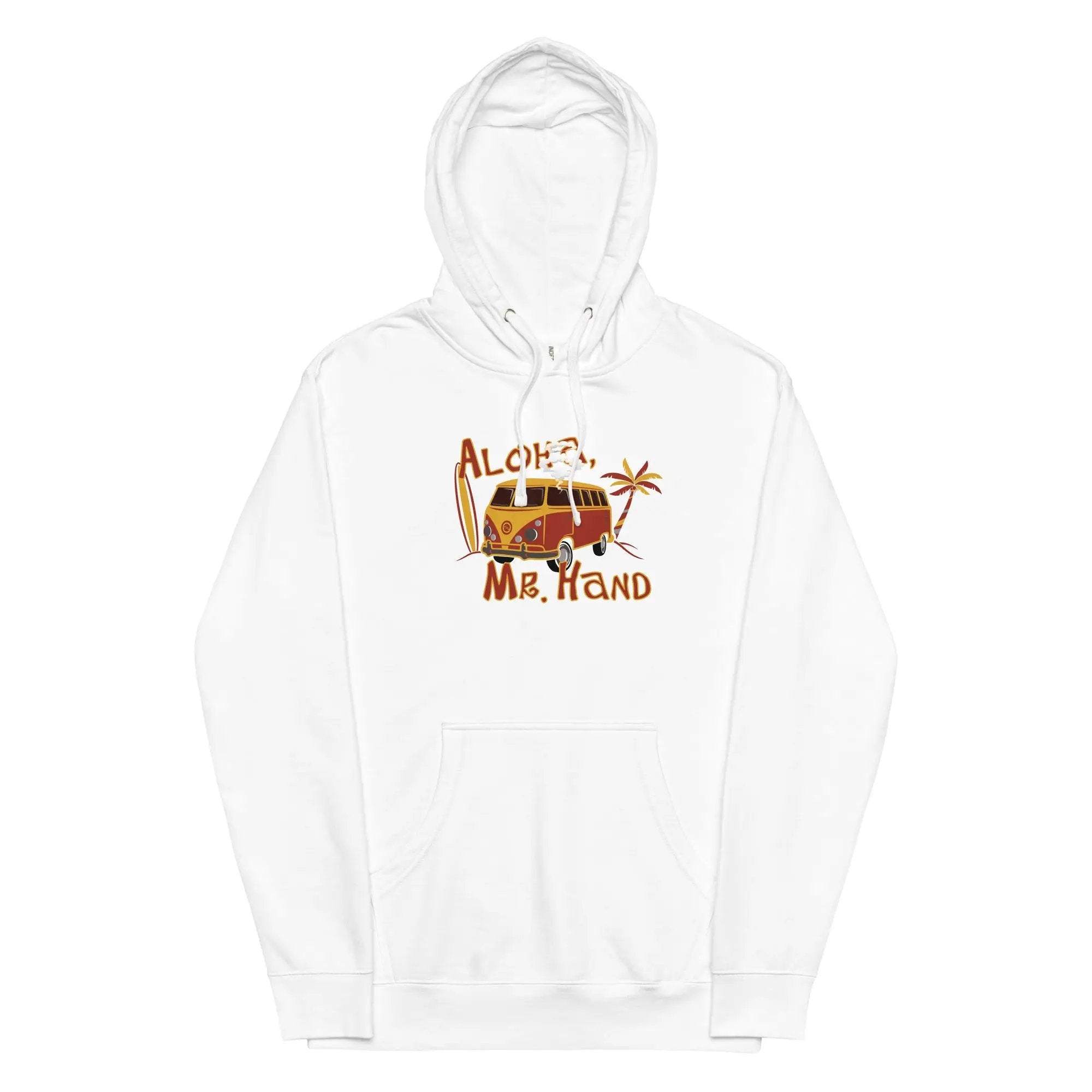 an orange hoodie with an image of a van on it