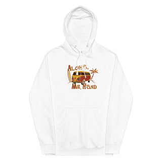 a white hoodie with an image of a camper van on it