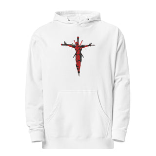 a white hoodie with a red cross on it